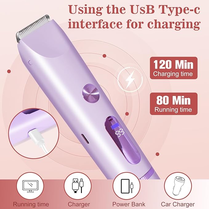 Bikini Trimmer for Women 2in1 High Power Epilators Hair Removal Waterproof Electric Razors Women's Electric Razor Pubic Hair Trimmer Shaver for Women for Ladies PubicFaceUnderarmsLegs(Purple)