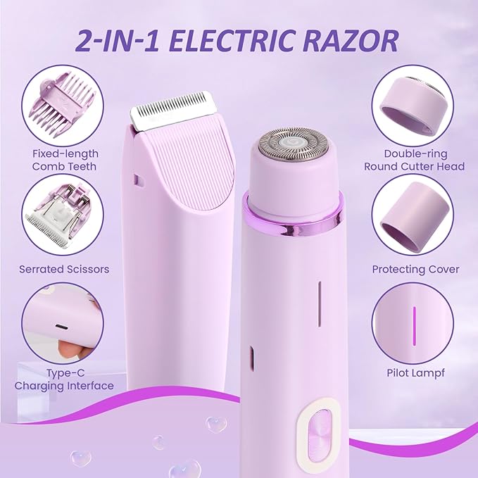 Bikini Trimmer for Women 2-in-1 Electric Razor for Women Cordless Electric Shaver Type-C Bikini Trimmer for Body Face Underarm Leg Arm Intimate Areas Wet &amp Dry Use Waterproof Purple