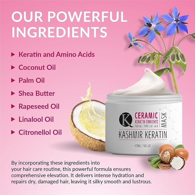 Kashmir Keratin Ceramic Hair Maskdeeply conditions dry damaged hair repairs with keratin making it soft frizz-free hydrated well-conditioned and adds shine.(16 oz)