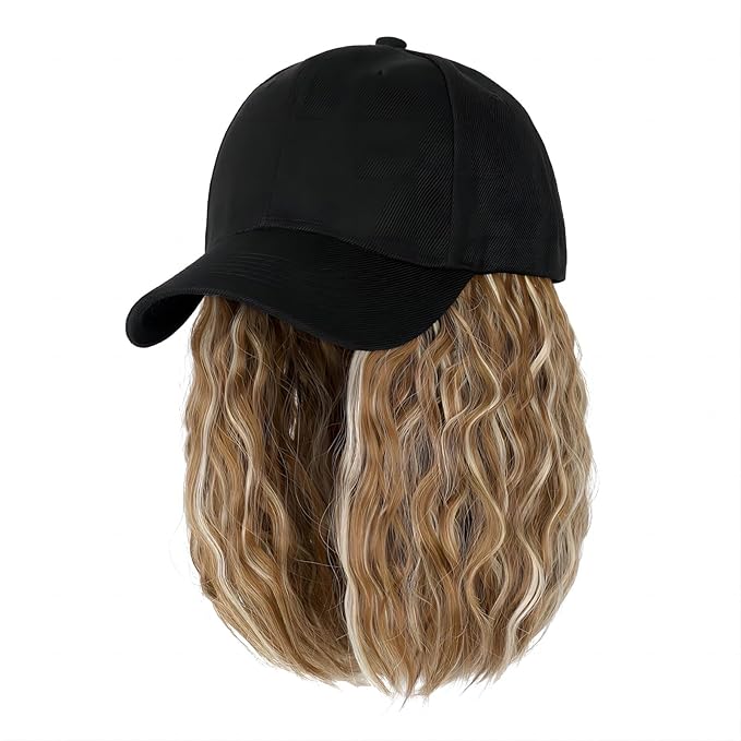 Baseball Hat WigHat with Hair attached 16'' Adjustable Black Cap with Wavy Curly Synthetic Bob Hair Extensions for Women Girls(Ginger Blonde Mix Bleach Blonde)