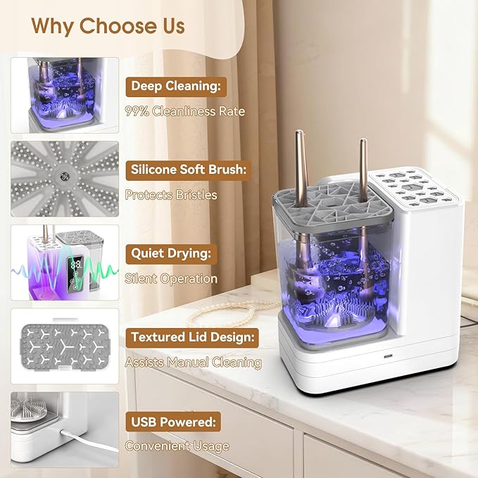 5-in-1 Electric Makeup Brush Cleaner &amp Dryer Machine- Portable Automatic USB Cosmetic Brushes Cleaner Tool with Deep-Clean Silicone Brush for All Size Brushes (Contour Eyeshadow Blush)