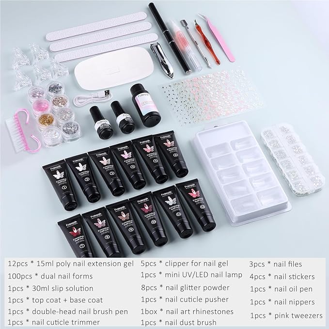 Poly Gel Nail Kit with UV Light 12 Colors Builder Gel Nail Extension Kits for Beginners with Everything Dual Nail Forms Slip Solution Chunky Glitter Poly Gels Nails Art Design Starter Set