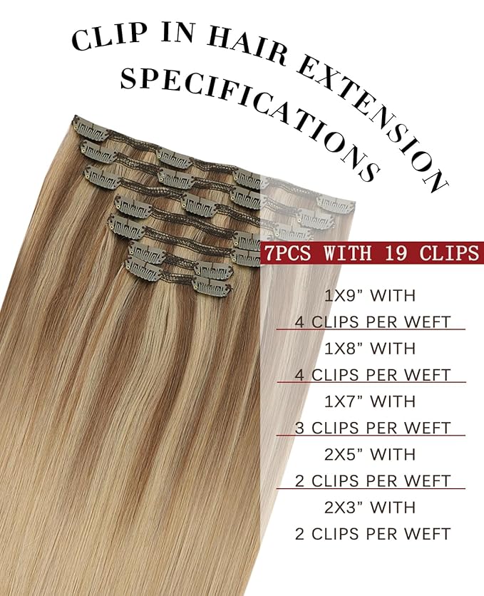 Clip in Hair Extensions Real Human Hair Remy Clip in Extensions 16 Inch 7pcs 140g Ash Brown to Caramel Blonde Hair Extensions (#10/27/2716'')