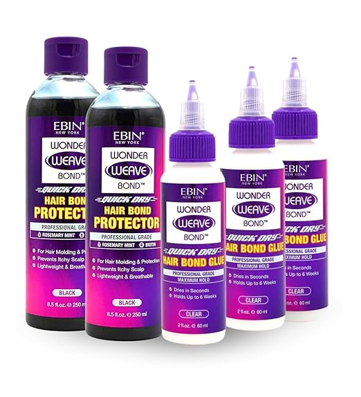 Wonder Weave Bond Hair Protector (Black) 8.5 oz Bundle with Hair Bond Glue (Clear) 2 oz by EBIN NEW YORK ? Protective Shield &amp Secure Hold ? Seamless Weave Bonding ? Gift Set (5 Items)