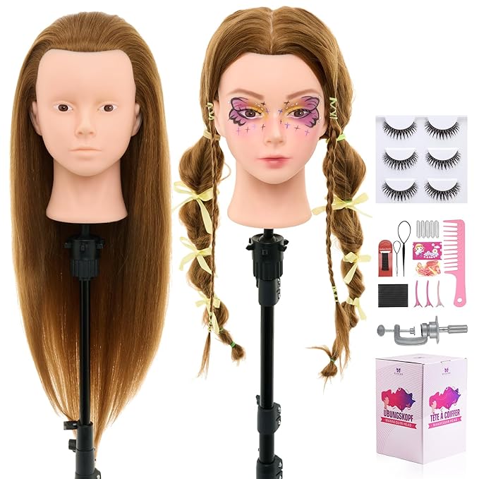 28Inch Mannequin Head with 80% Real Human Hair- Cosmetology Mannequin Head with Hair for Makeup Braiding Curling Cuting Make up Doll head for Styling with Table Clamp Hair Styling Set (Blonde)