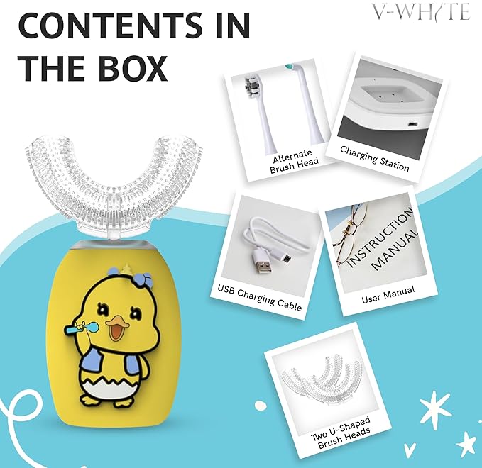 V-WHITE Ultrasonic U-Shaped Toothbrush For Teeth Whitening Electric Toothbrush - 360° Mouth Cleansing Hands Free Gums Protection - Wireless Charging - Waterproof IPX7 Certified (YELLOW - KIDS KIDS)