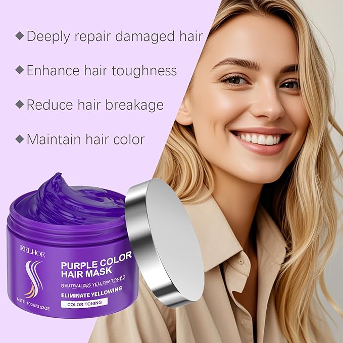 AMALIA Purple Hair Mask Color Toning Treatment Neutralizes Yellow Tones Moisturizing Hair Care 3.53 oz
