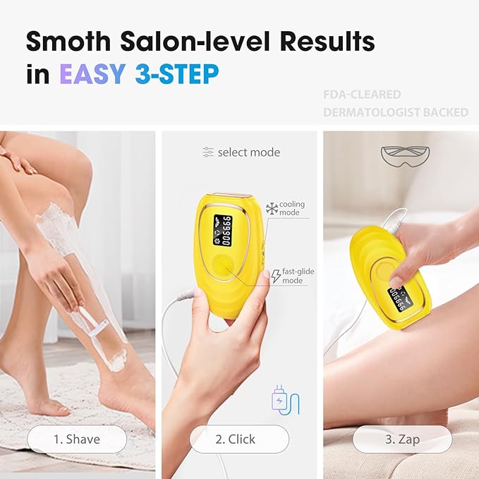 Laser Hair Removal Device at-Home IPL Hair Removal for Women &amp Men - Safe 45°F Ice-Cooling Contact for Painless &amp Long-Lasting Results 86% Hair Reduction in 3 Weeks for Full Body Lemon Yello