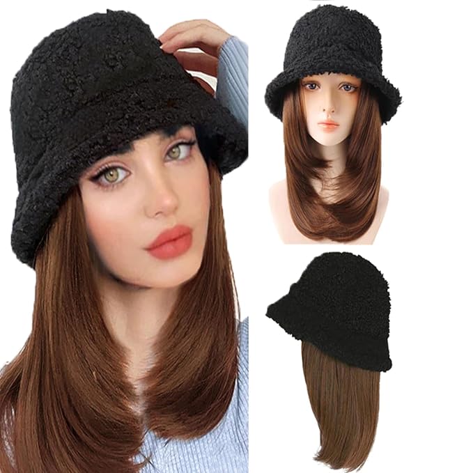 Women Winter Lambs Wool Bucket Cap With Wig - Fisherman's Sun Visor Beanie Hat With Fake Straight Hair