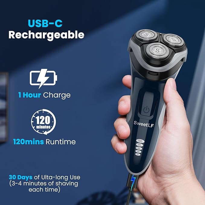 SweetLF Electric Razor for Men with Pop-Up Trimmer IPX7 Waterproof Electric Shaver Rechargeable Cordless Shavers for Men Type-C 120Mins Runtime Plug &amp Play Blue