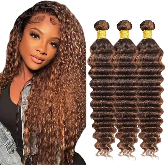 P430 Highlight Brown Bundles Human Hair Dark Brown Deep Wave 3 Bundles 26 26 26 Inch Unprocessed Brazilian Virgin Remy Hair Chocolate Brown Human Hair Extensions