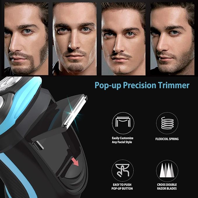 MAX-T Electric Shaver for Men Cordless Electric Razor with Travel Case Wet &amp Dry Use Men's Razor with Pop-Up Trimmer 3D Rechargeable IPX7 Waterproof Rotary Shaver