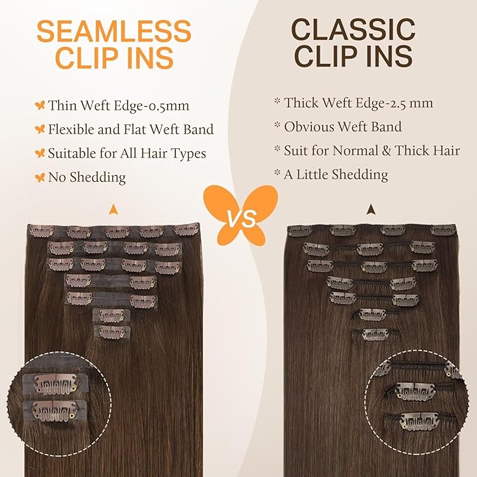 DOORES Seamless Clip-in Hair Extensions Chocolate Brown 24 Inch 120g 7pcs Remy Human Hair Natural Straight Invisi Edge Extensions