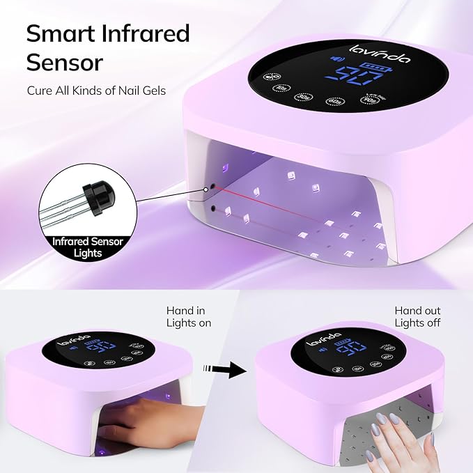 Lavinda LED Nail Lamp 54W Rechargeable Cordless UV Nail Light Professional Gel Nail Lamp with Timer Display Fast Drying UV Lamp for Gel Nails Matte Macaron Purple Nail Dryer for Salon &amp Home