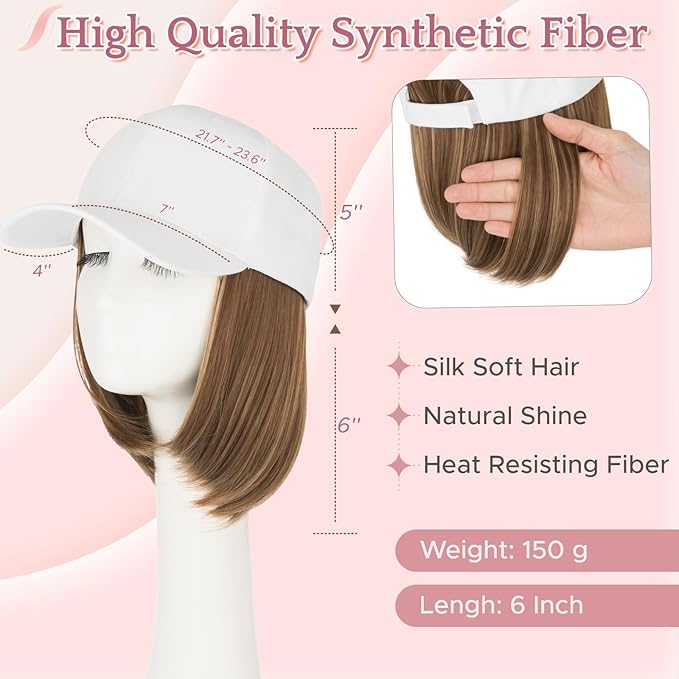SEGO Hat Wig Hat with Hair Attached for Women White Baseball Cap with Hair Extensions Short Bob Baseball Cap Wig Adjustable Hats for Daily Party 6 Inch #10P22T Medium Brown Mix Dark Blonde