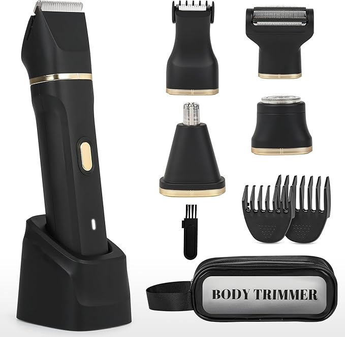 Electric Bikini Trimmer for Women - 5 in 1 Rechargeable Electric Razors for Women IPX7 Waterproof Pubic Hair Trimmer Painless Womens Body Shaver Facial Razor &amp Nose Hair Shaver Black