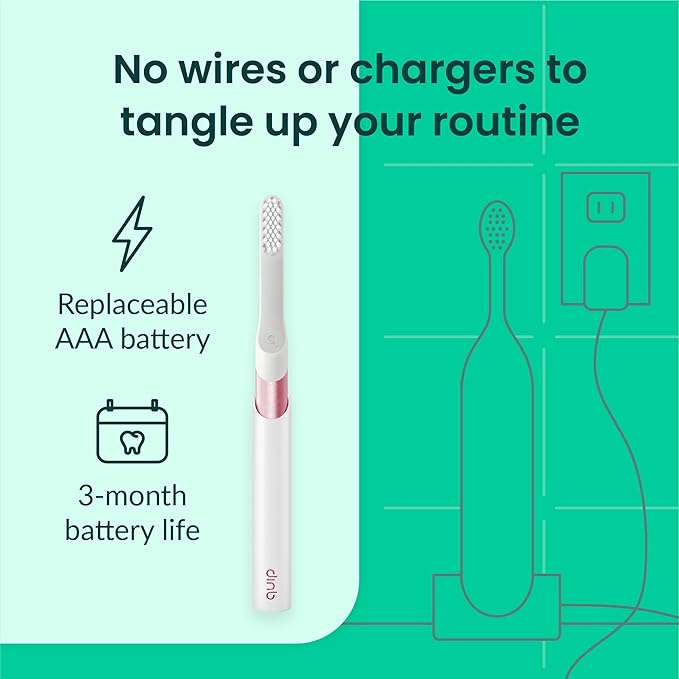 Quip Sonic Toothbrush for Adults with Timer - Includes Extra Brush Head and Travel Cover Mount - Electric Soft Bristle Refill Head Metal Handle 3 Month Battery Life - Travel Toothbrush - Pink