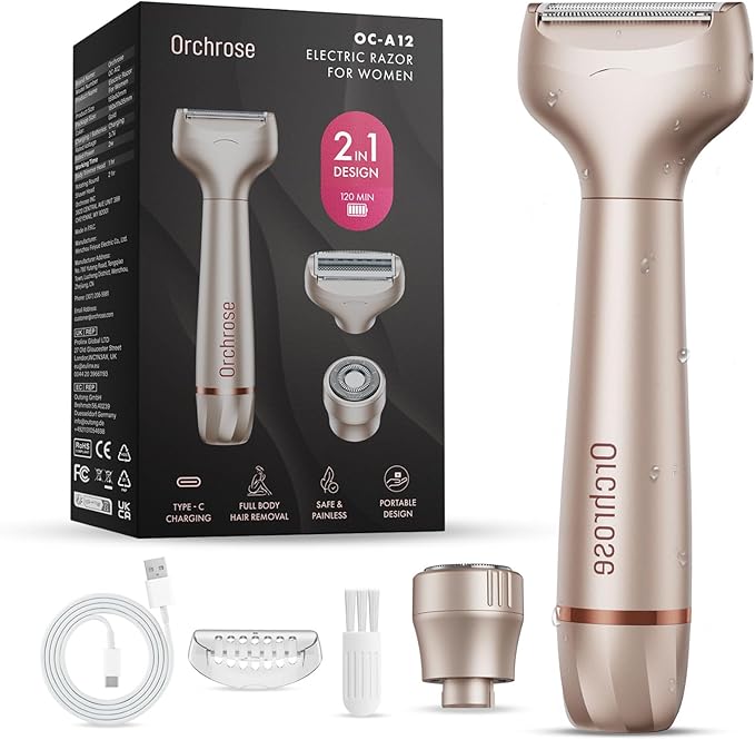 Electric Razor for Women Body: Rechargeable Painless Electric Shaver for Bikini Face Body Legs Underarms - 3-in-1 Blade and Rotary Shaving Head (Honey Gold)