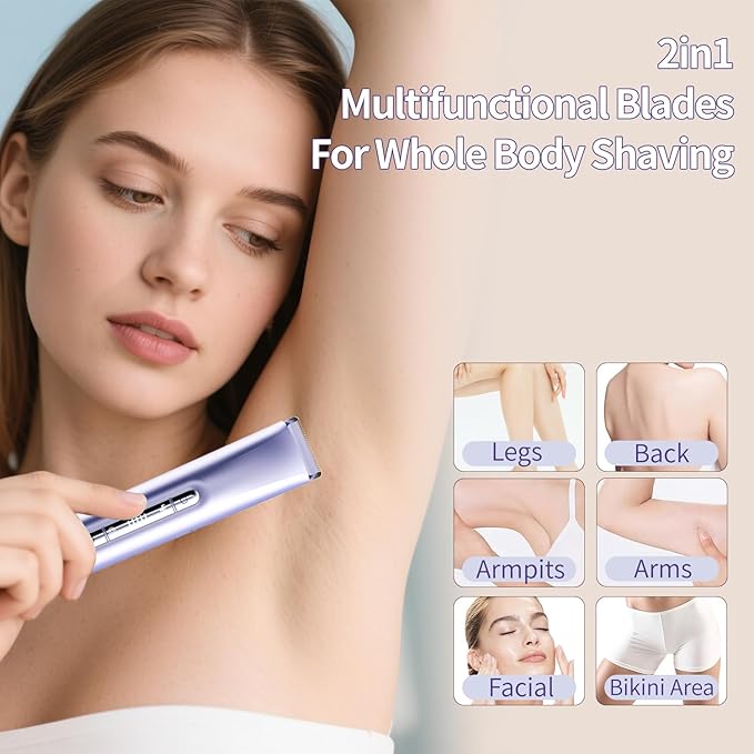 2-in-1 Electric Shaver &amp Bikini Trimmer for Women - Painless Electric Razor for FaceBody &amp Intimate AreasCordless Wet/Dry Shaver with Dual BladesWaterproof for Shower&ampTravel (Lavender P