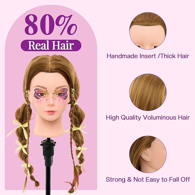28Inch Mannequin Head with 80% Real Human Hair- Cosmetology Mannequin Head with Hair for Makeup Braiding Curling Cuting Make up Doll head for Styling with Table Clamp Hair Styling Set (Blonde)
