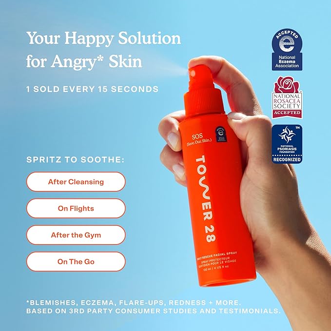 Tower 28 SOS Daily Rescue Facial Spray for Sensitive Skin Hypochlorous Acid Spray Helps Reduce Redness and Breakouts Full Size Toner for Face 4 FL Oz