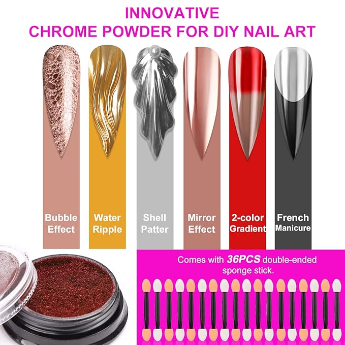 SAVILAND Chrome Nail Powder Set: 36 Colors Metallic Mirror Effect Holographic Chrome Nail Powder Iridescent Chameleon Pigment Manicure DIY Nail Art Decoration Glitter Dust with Sponge Brushes Home Use