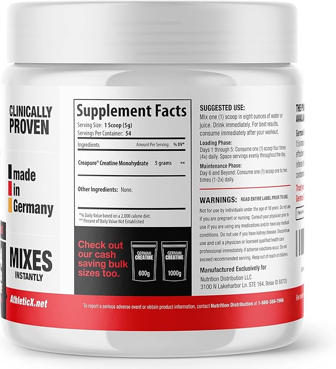 German Creatine - Micronized Creatine Monohydrate Powder 99.99% Pure Creapure for Muscle Growth Strength &amp Performance Supports Muscle Recovery 3rd Party Tested Unflavored - 270g (54 Servings