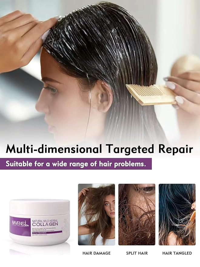 Navensi Natural Mild Herbal Collagen Triple Treatment Hair Care Moisturizing with Protein and Keratin pH Balancing hair mask. 16.9 floz