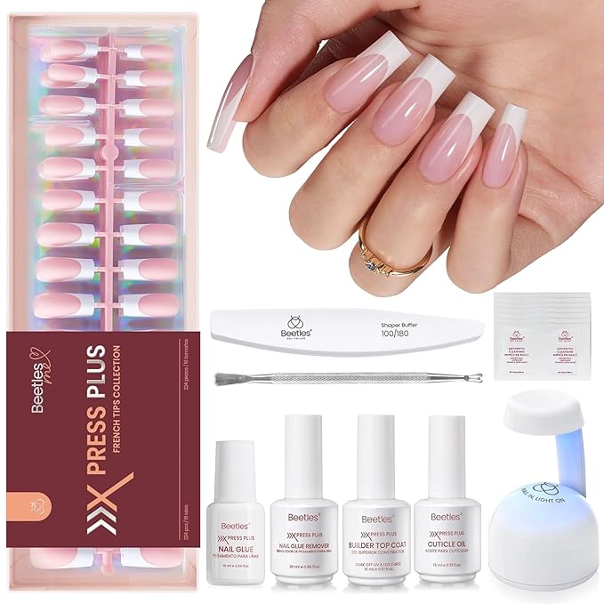 Beetles X Press Plus On Nails Kit - Rose French | Pink Long Square French Tip Press On Nails | 224Pcs 16 Sizes All-in-One Kit With Nail GlueRemoverBuilder Top CoatNail Lamp