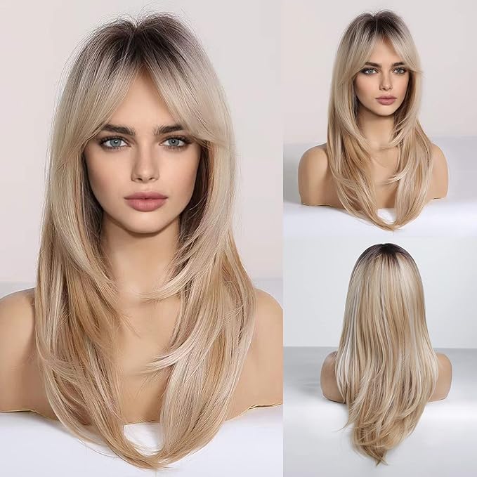 Heat Resistant Wigs Human Hair Mixed Synthetic Long Layered Black Blonde Highlights with Bangs for Women Party Cosplay