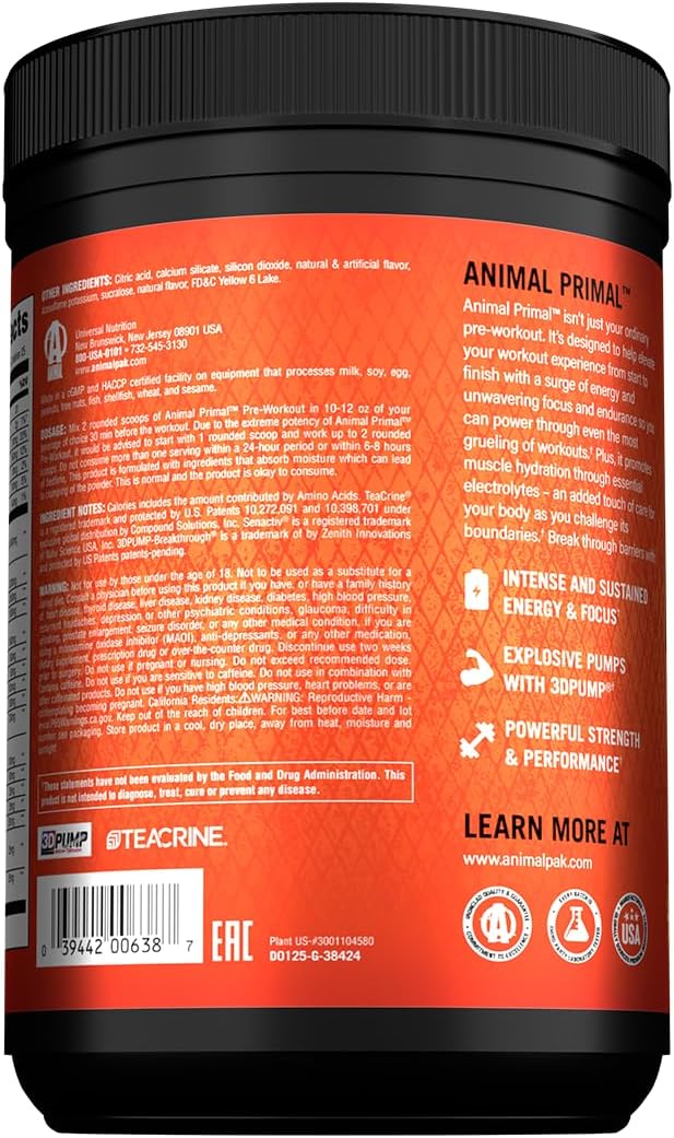 Animal Primal Muscle Hydration + Preworkout Powder ? Contains Beta Alanine 3DPump Caffeine &amp Electrolytes ? Improves Energy Focus Endurance &amp Absorption ? New Wick?™d Peach Flavor 16.75 oz
