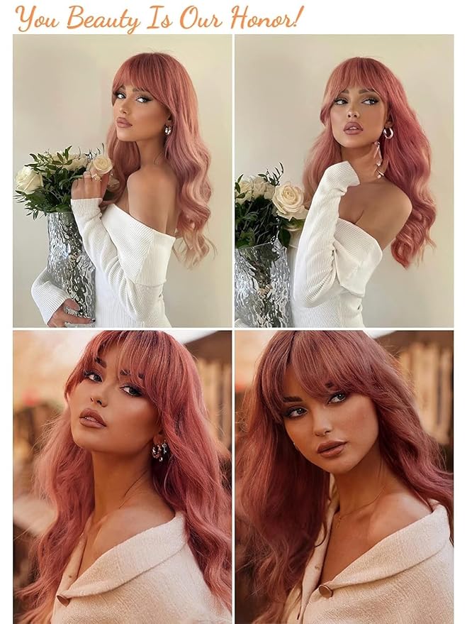 Honygebia Pink Wigs with Bangs - Long Ombre Pink Wigs for Women Light Wavy Heat Resistant Hair Pink Synthetic Dark Root Natural Looking - Best Wig for Halloween/Christmas/Cosplay/Party