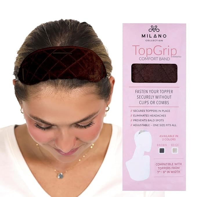 MILANO COLLECTION Glueless Top Grip for Hair Topper &amp Wiglets Adjustable Translucent Strap with Side Openings Top Headband for Your Wig or Topper Includes Clips Brown Medium
