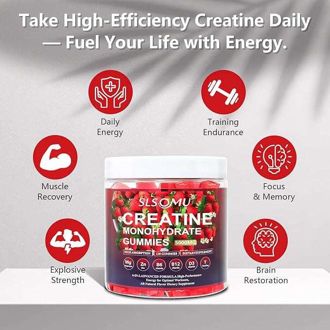 Creatine Monohydrate Gummies 5000mg for Women and Men - Pre-Workout Supplement with Magnesium Zinc &amp Taurine - Strawberry Flavor - Builds Muscle Strength - Boosts Energy Vegan - 120 Gummies