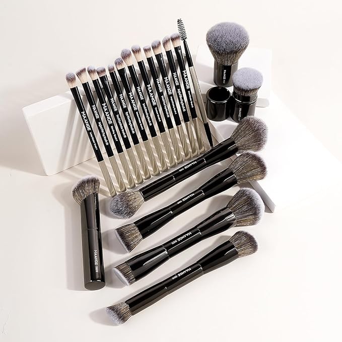 MAANGE 20 PCS Makeup Brush Set with Bag Double-ended Kabuki Brush Foundation Contour Brush for Liquid Powder Concealer Eye Shadows Cream Cosmetics Blending Blush Face Makeup Tools with Case (Black)