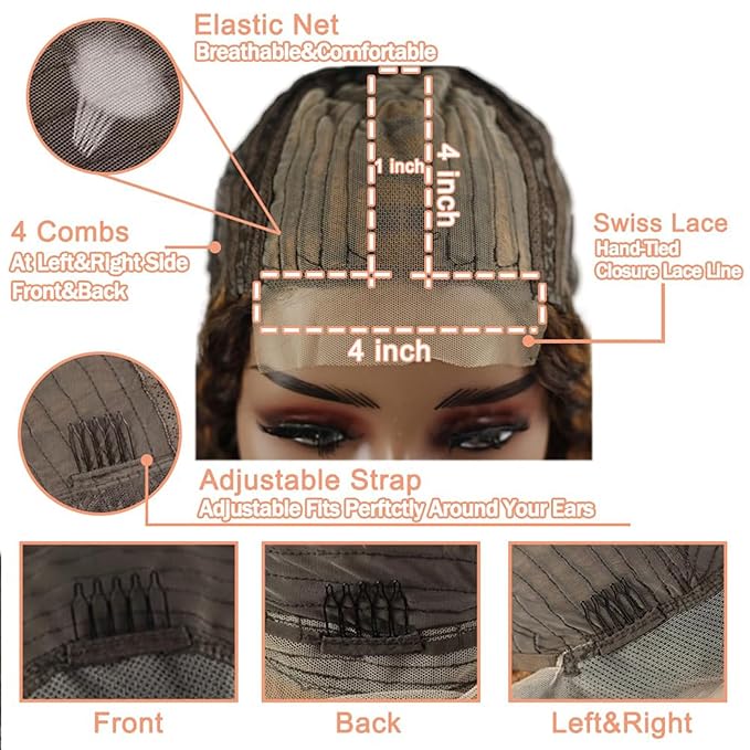 Curly Human Hair Wig Highlight P4/30 Lace Frontal Closure Deep Wave Human Hair Wig Pre Plucked Pre Cut Lace Frontal Closure Closure Glueless Wigs Elastic Band 200% Density 18 Inch