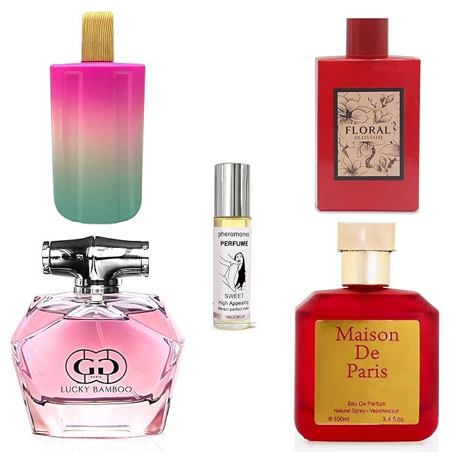 4-Piece Women's Perfume Set with 10ml Rollerball EDP Collection Variety of FragrancesLong Lasting Fragrance (JASMINE/Maison de Paris RED/LUCKY BAMBOO/Floral Blossom)