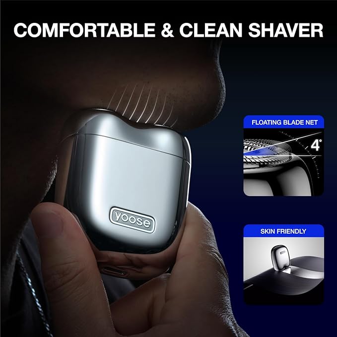yoose Alloy Mini Shaver Portable Electric Razor for Men Waterproof Dry Shave Cordless 60 Mins Runtime USB-C Rechargeable Easy Cleaning Magnetic Detachable Head Travel Shaver with Case Silver