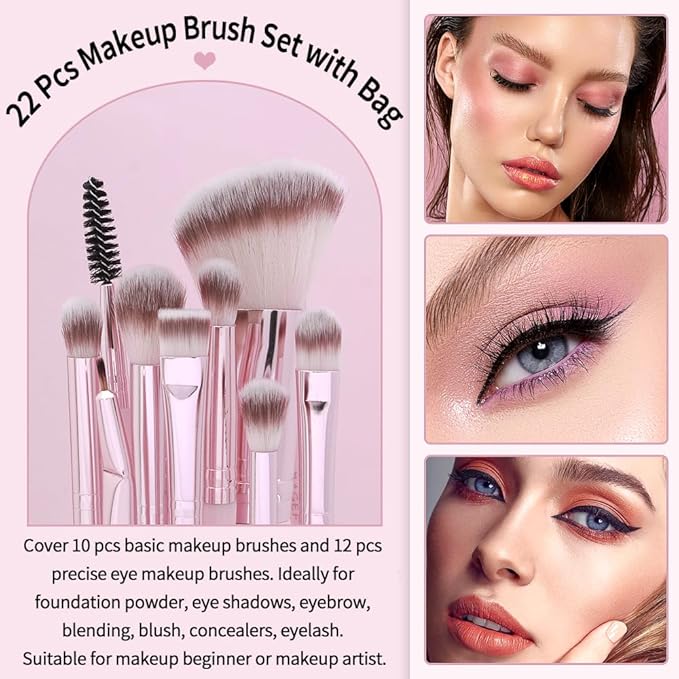 22 Pcs Makeup Brushes Set MAGEFY Professional Makeup Brushes Wooden Handle Cosmetics Brushes Foundation Concealer Powder Face Eye Make up Brushes Kit(Pinkgold)