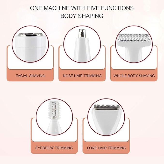 USB Rechargeable Electric Epilator for Women Men 5 in 1 Painless Body Remover with Multifunctional Shaving Head