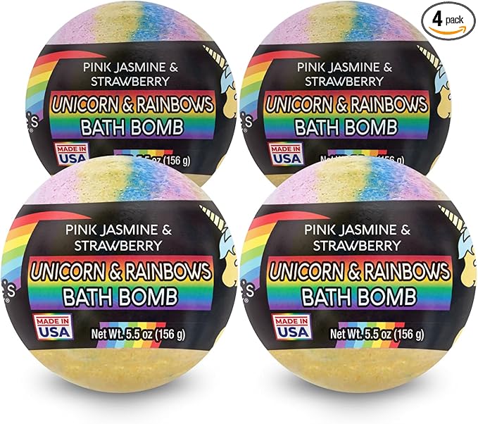 Nature's Beauty Unicorns &amp Rainbows Pink Jasmine &amp Strawberry Scent Bath Bomb for Kids Multi-Pack - Natural Non-Staining Fun Bubbly Fizzy Spa Bomb Made w/Coconut Oil + Witch Hazel 5.5oz (