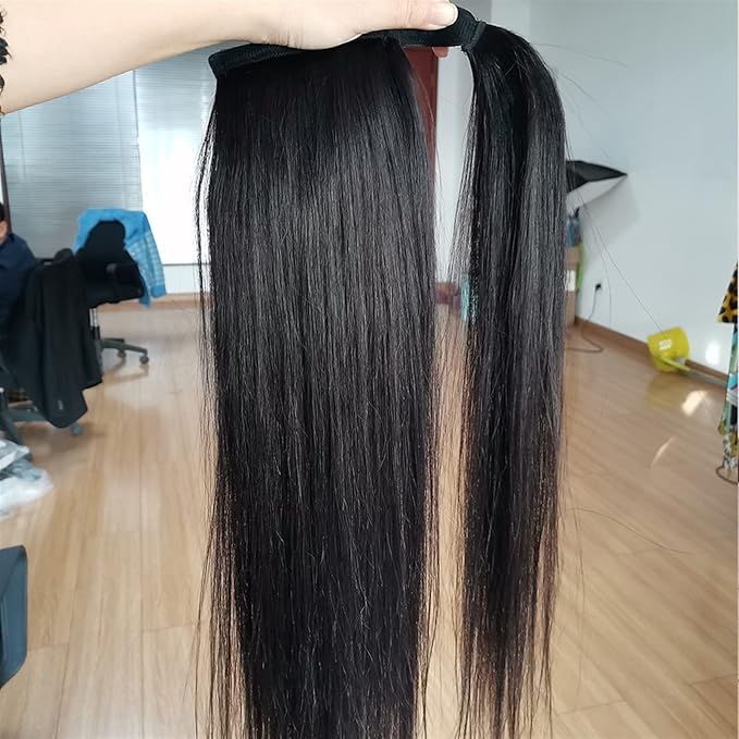 SONGCHAO Fake Hair Bun Long Straight Hair Ponytail Extensions 12-26 Inch Wrap Around Ponytail Brazilian Real Hair Ponytail Black Wig Hair Bun Hair Accessories (Color : Black Size : 26inches 100g)