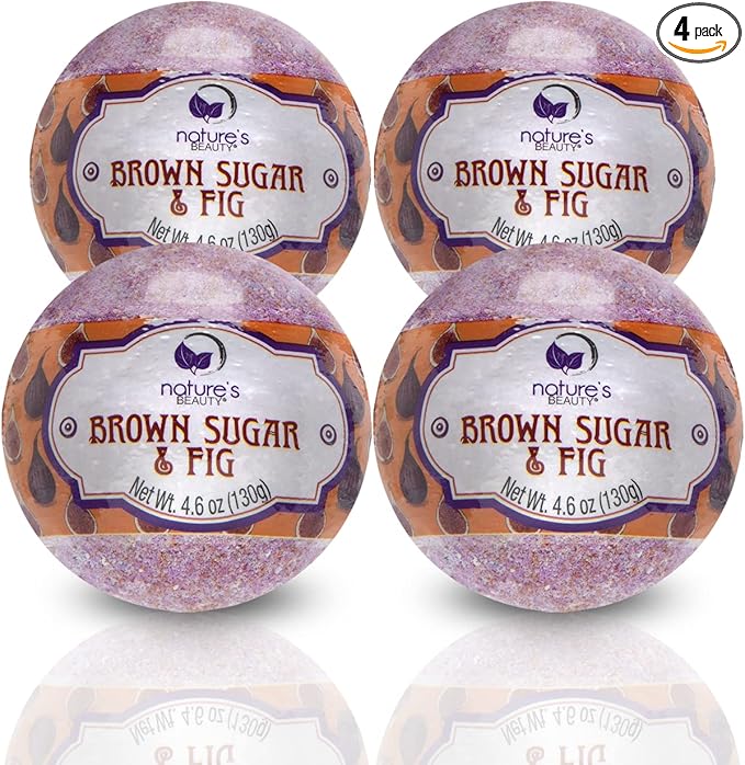 Nature's Beauty Brown Sugar &amp Fig Bath Bomb Multi-Pack - Natural Hand Crafted Non-Staining Luxury Fizzy Spa Bomb Moisturize Dry Skin Made w/Orange Extract + Coconut Oil 4.6 oz (4 Pack)