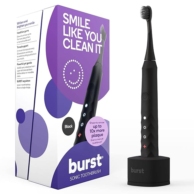 Burst Original Sonic Electric Toothbrush for Adults (Black) | Soft Bristle Deep Clean Stain &amp Plaque Removal | 3 Modes: Teeth Whitening Sensitive &amp Massage