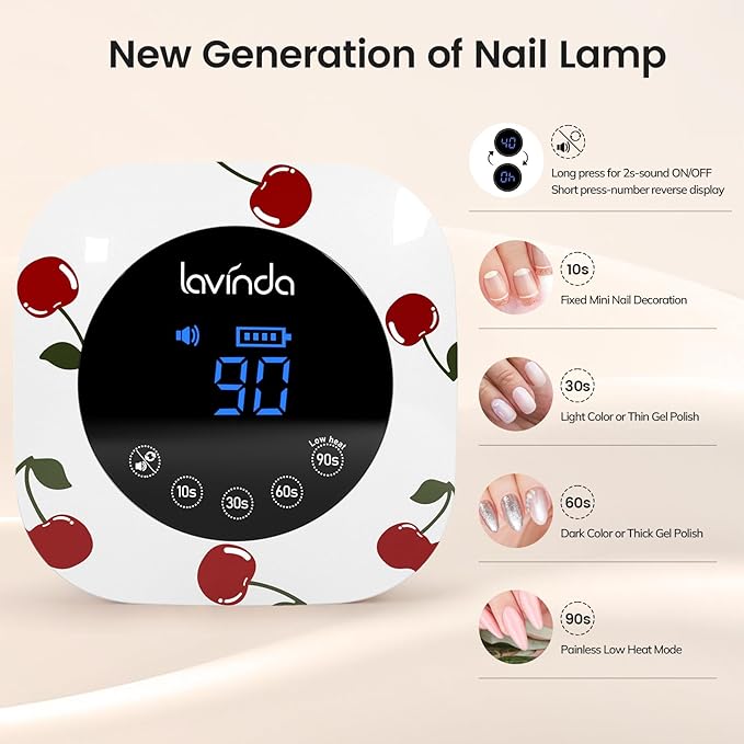 Lavinda 54W Nail Lamp UV Light for Gel Nails Rechargeable Cordless UV Lamp Nail Light with 4 Timer 2X Faster Professional Gel Polish Curing Nail Dryer for Salon Use-Cherry Print