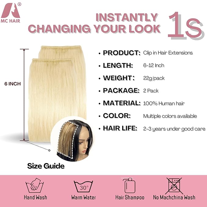 2 Pcs Short Hair Extensions Human Hair Clip in Extensions for Women Adding Volume 10 Inch Platinum Blonde