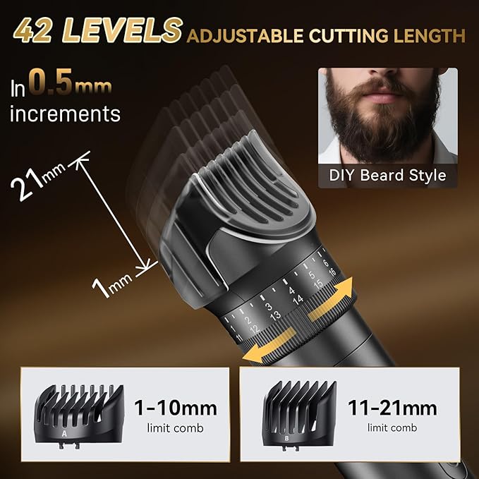 Beard Trimmer for Men - 42 Adjustable Length Settings Hair Clippers Professional Body Hair Trimmer for Men Precision Facial Hair Trimming IPX6 Waterproof Nose Trimmers LED Display Mustache Trimmers