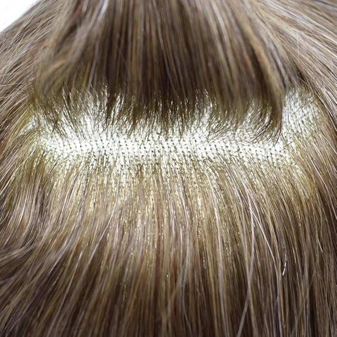 LYRICAL HAIR Toupee for Men Hair System Replacement Monofilament Mens Toupee Hairpiece Durable Poly Coated NPU Around Wig for Men Human Hair Piece Unit 120% Density 6X8 #410 Medium Brown+10% Gray