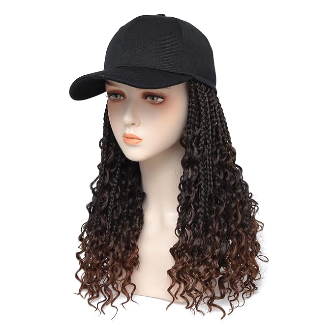 Goddess Box Braiding Baseball Cap Wig Bohemian Curly Ends Box Braids Hat with Braided Hair Extensions for Black White Women Synthetic Braids Hat Wig with Hair Attached (16inch T30)