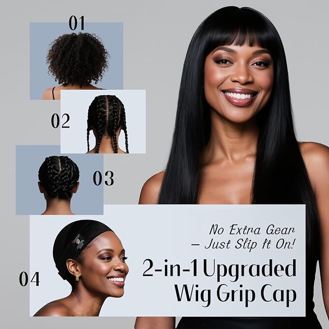 Dreamlover Wide Wig Grip Cap for Lace Front Wigs 2-in-1 Black Adjustable Wig Caps with Wig Gripper Band for Women 1 Piece